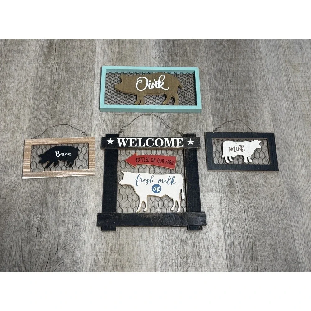 Farmhouse Hanging Wood Signs Wire Pig & Cow Rustic Distressed Decor Set Of 4